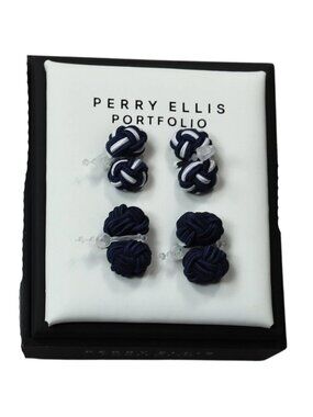 Perry Ellis 2-Piece Set Woven Silk Knots Men's Cufflinks NIB Navy